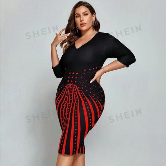 SHEIN Clasi Plus Size Striped Polka Dot Printed Slim Fit Dress 4X - Picture 2 of 6